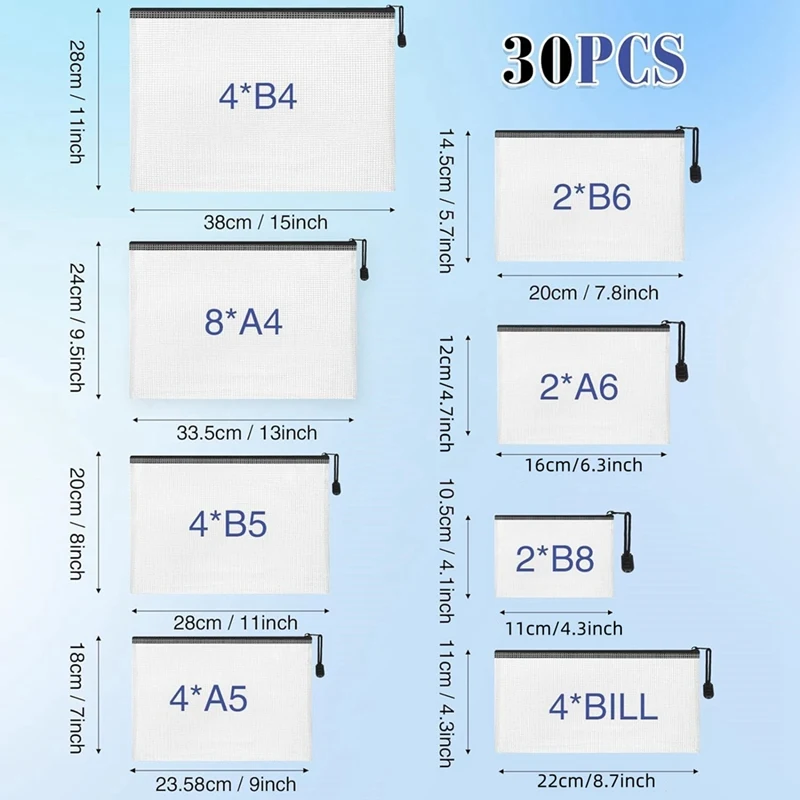 방수 PVC 메쉬 지퍼 파우치, 반투명 지퍼, 장난감 보관 가방, 학교 용품, 교실 사무용품, 30 개