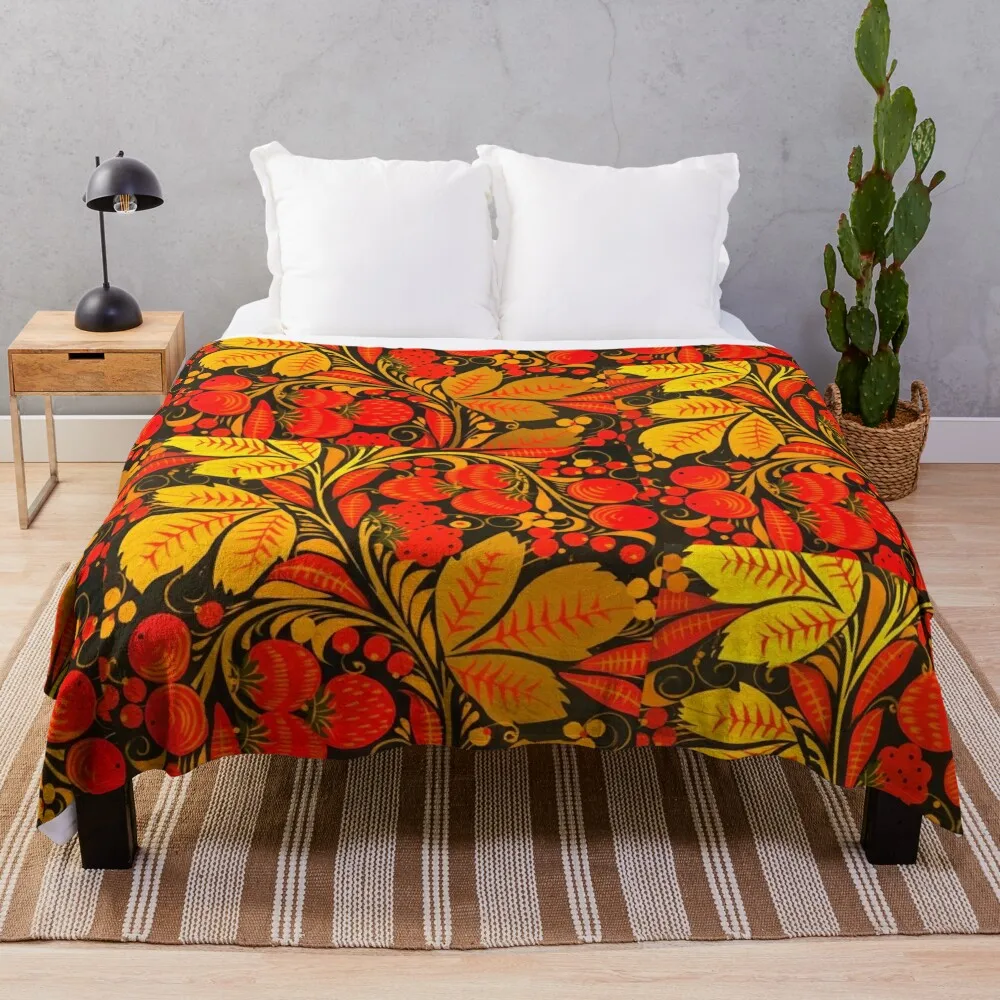 

Traditional Russian Khokhloma Berries Throw Blanket Summer halloween Blankets Sofas Of Decoration Blankets