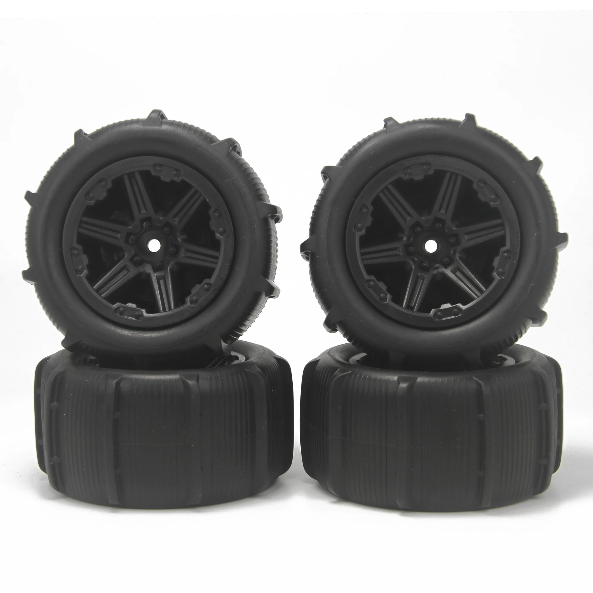 Quatre pneus buggy RC 85mm alignés, roues hexagonales 12mm, prêts pour HBX 16889.