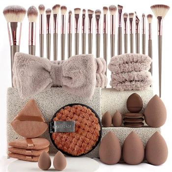 20/40/42pcs Makeup Brush and Sponge Set Professional Makeup Brush Set Triangle Powder Puff Wash Face Headbands for Women
