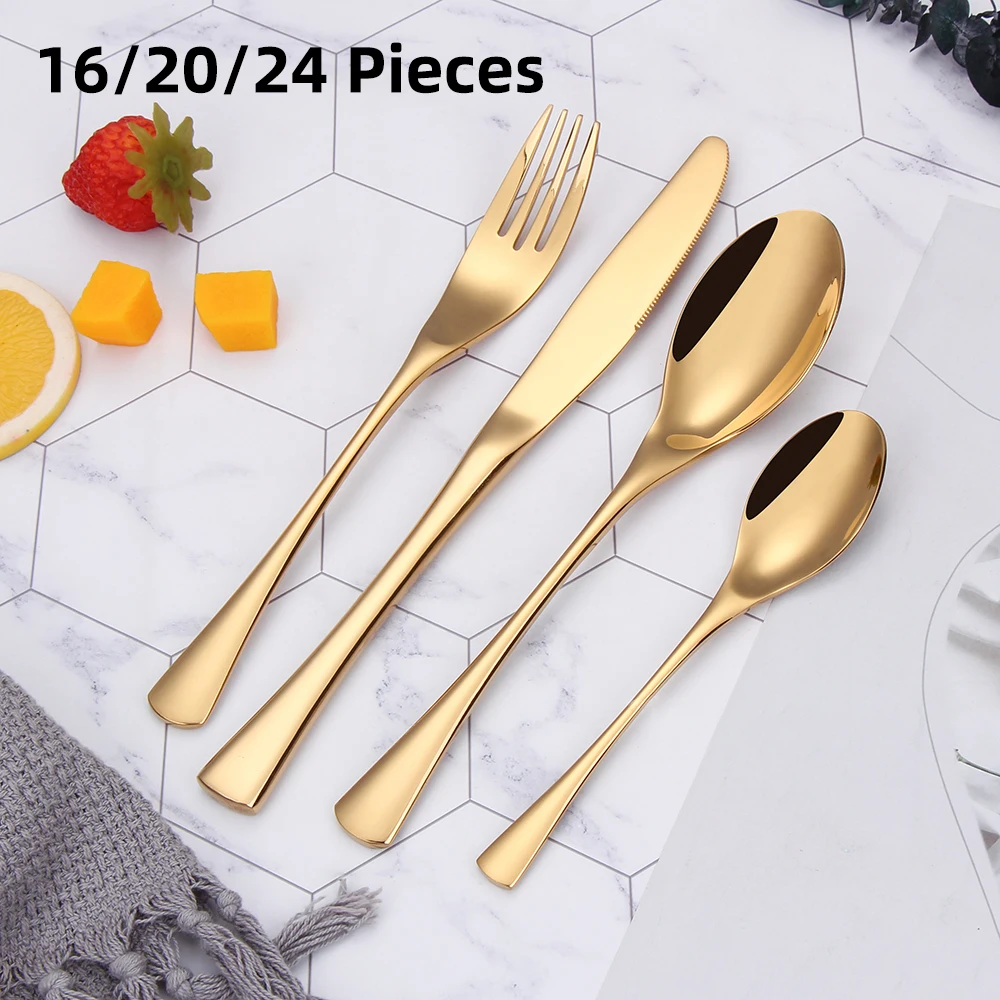 

Stainless Steel Gold Cutlery Set Knife Fork Spoon Western Tableware Black Dinnerware Elegant Sliverware 16 20 24 Pieces