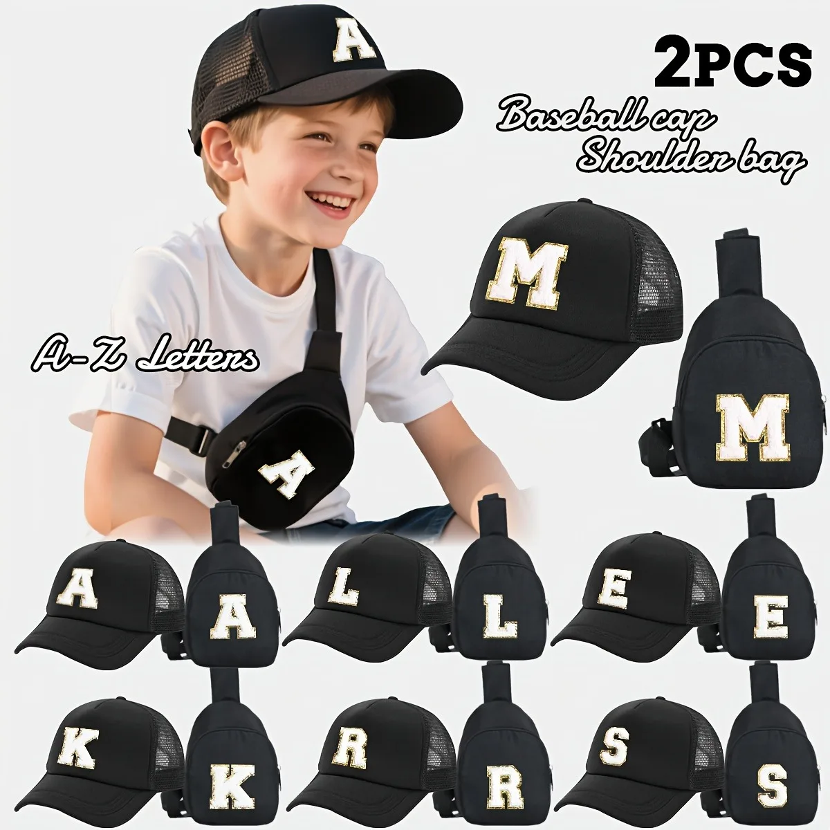 [Breathable Baseball Cap] 2pcs Breathable Lightweight Kids' Baseball Cap and Chest Bag Set, Alphabet Pattern, Gift