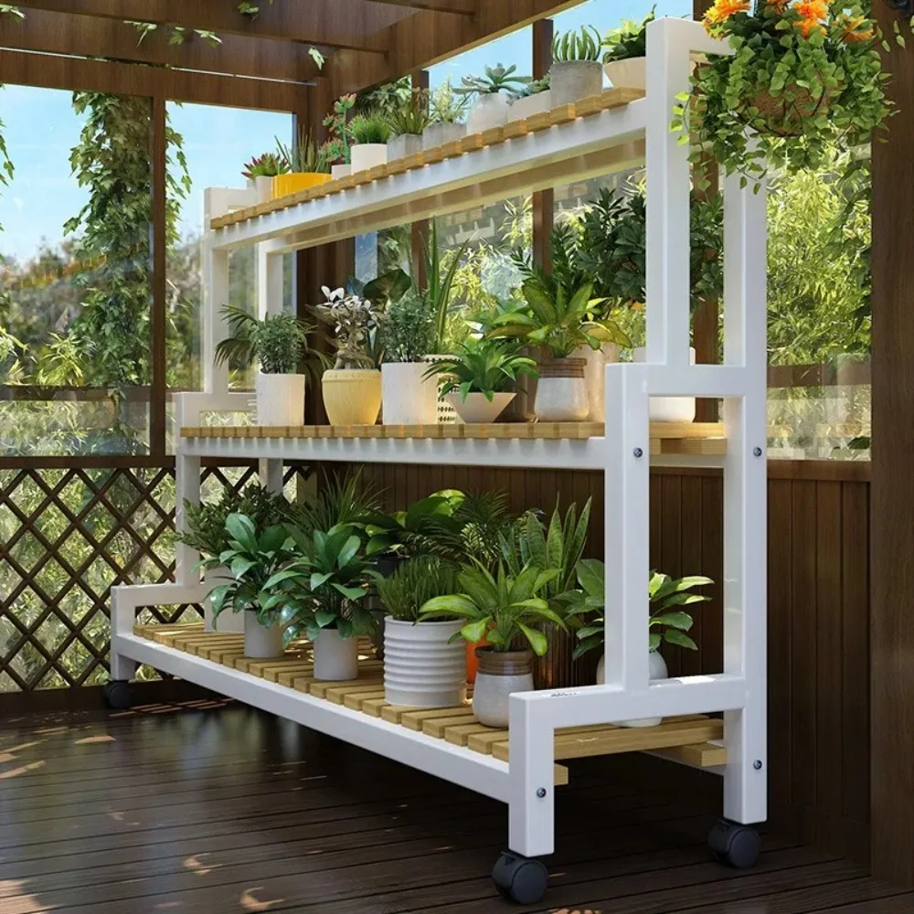 Multi Layer Flower Rack Mobile With Wheels Floor Standing Storage Planter Shelf Floor Indoor Outdoor Iron Staircase Flower Rack Storage rack plant stand wooden flower shelf