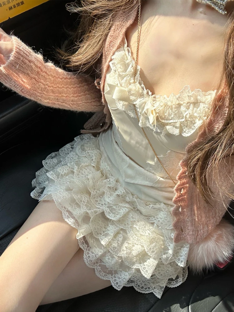 Summer Vintage Sweet Two Piece Set Women Lace Fairy Kawaii Mini Skirt Set Femael Bow Korean Fashion Kawaii Skirt Suit 2023 New