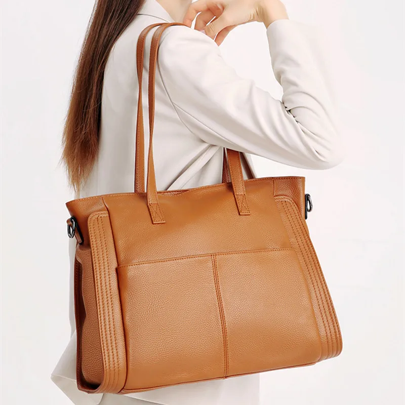 

Luxury Fashion Cowhide Women's Handbags Genuine Leather Women Tote Bag A4 14 Inch Laptop Bag Portable Shoulder Crossbody Bags