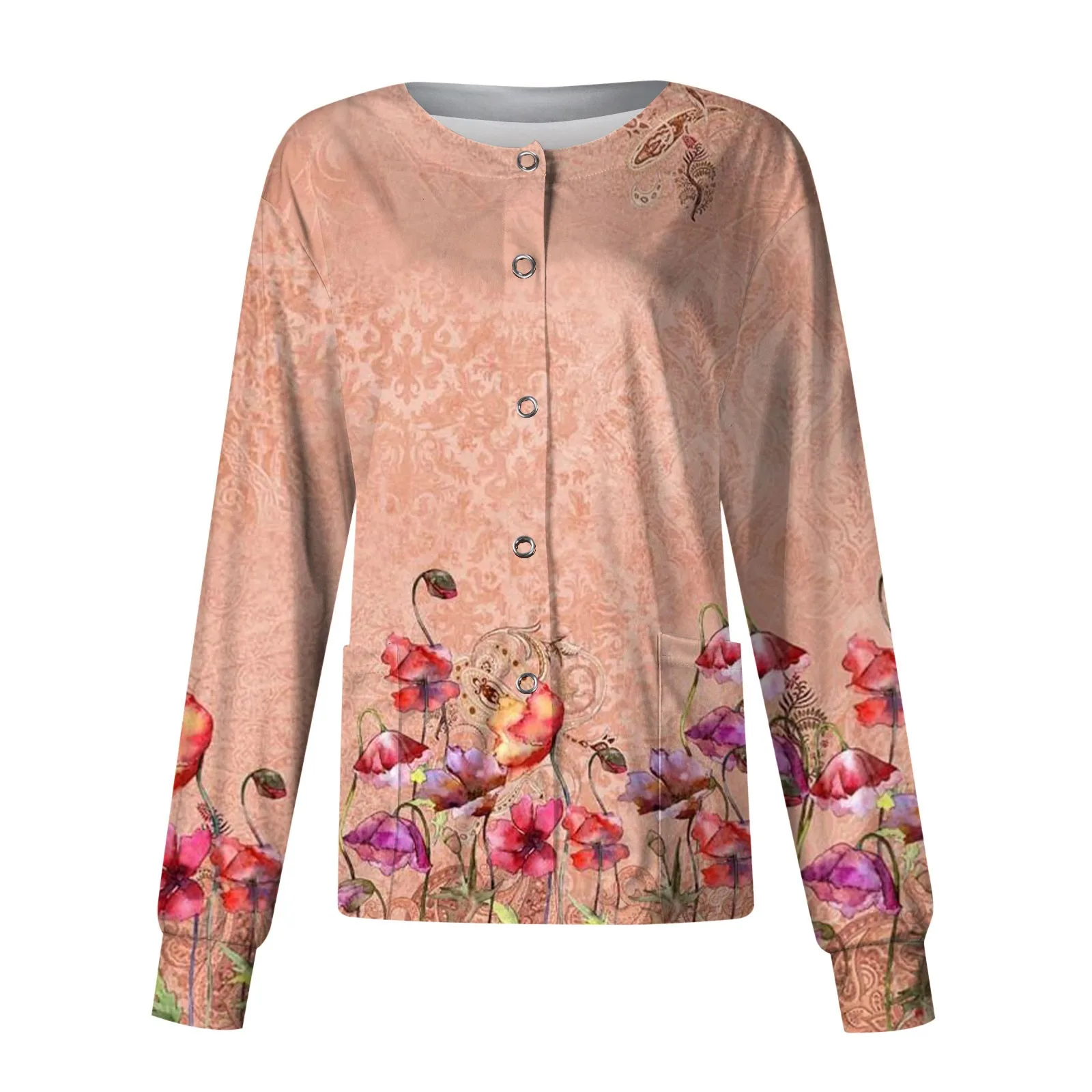 

Women Floral Print Cardigan Vintage Pattern Working Single-breasted Protective Overalls Female Jacket With Pocket Ladies Top