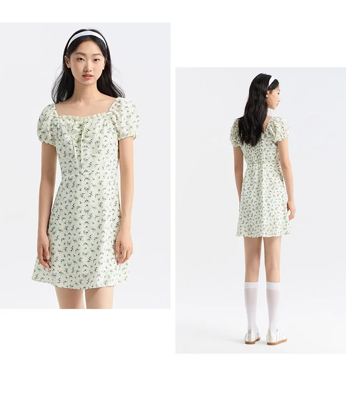 Vestido de mujer con mangas abullonadas y estampado floral de gasa Mori, nuevo vestido de verano con escote cuadrado y cintura corta, divertido