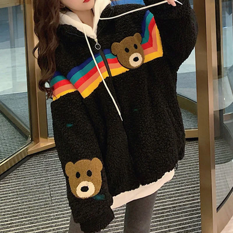 Rainbow striped cartoon bear embroidery lamb plush coat women autumn and winter loose lazy style mid-length jacket outwear