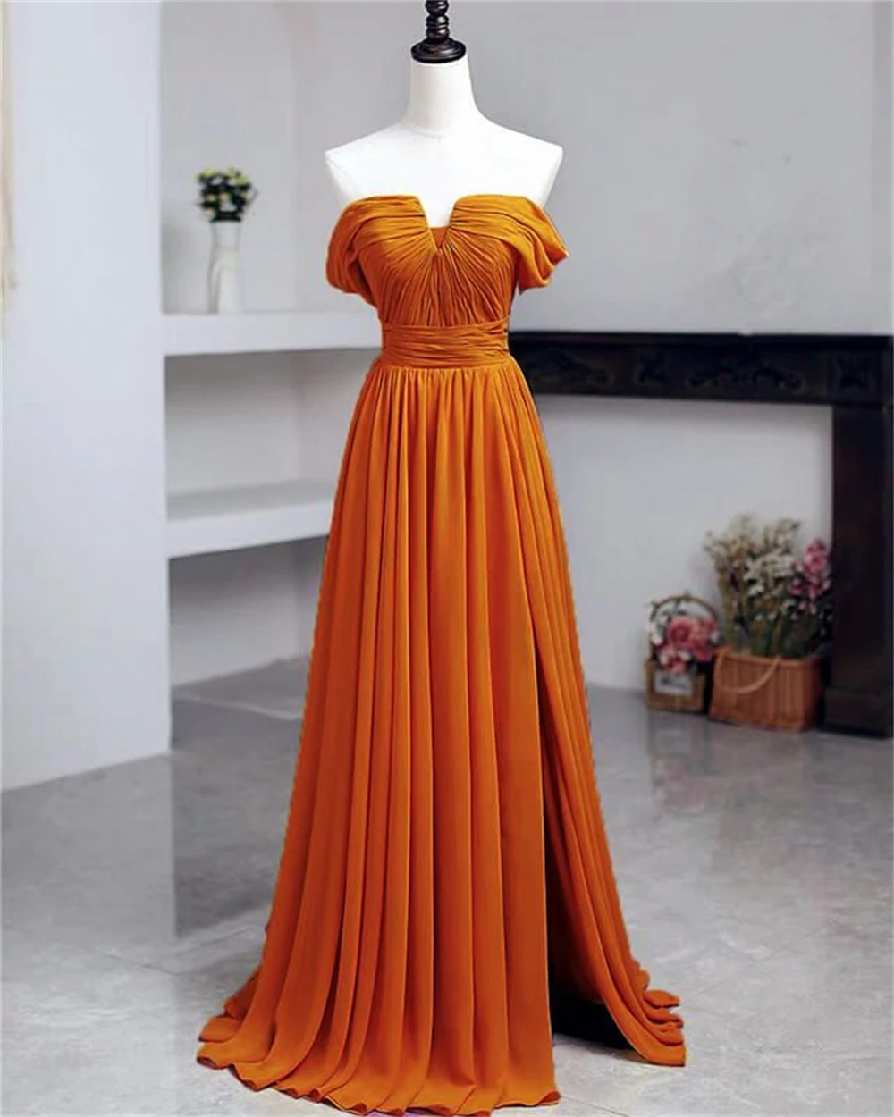 

Off-the-shoulder V-neck Pleated Bridesmaid Dresses With Split Side Chiffon Corset Back Lace-up Formal Party A-line Long Evening