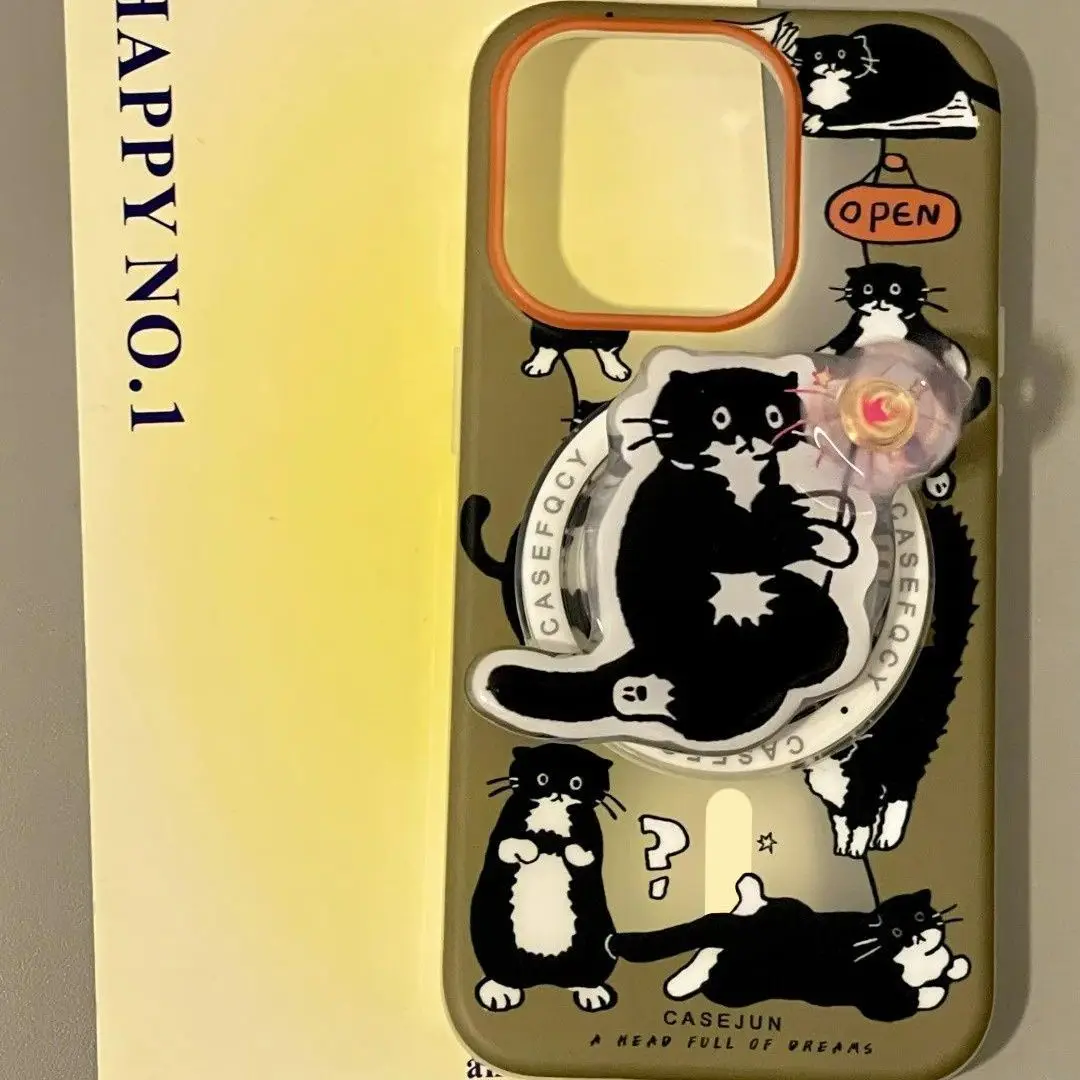 Magnetic Black Cat Phone Case with Rotating Magnetic Bracket