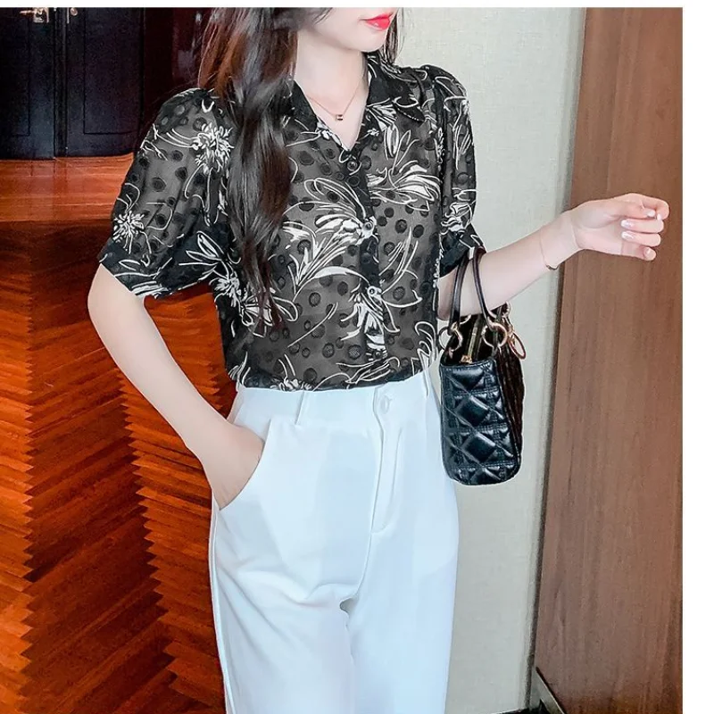 2024 Summer New Commuter Versatile Simplicity Printed Fashion Spliced Button Trend POLO Collar Short Sleeve Temperament Shirt
