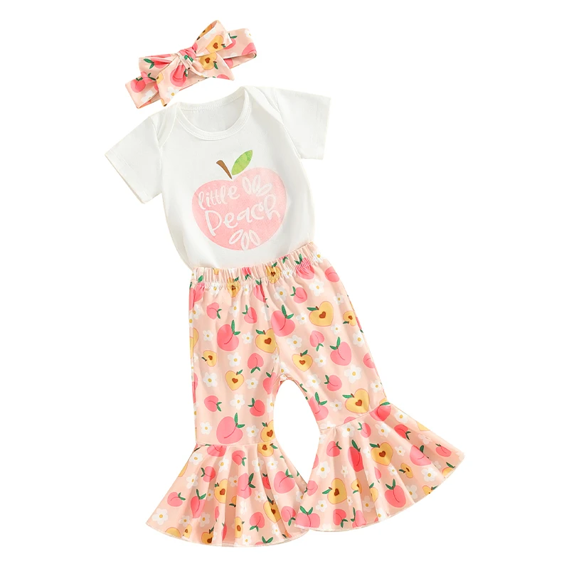 

Newborn Baby Girl Outfits Peach Short Sleeve Romper T-Shirt Tops Bell Bottom Pants Set Summer Clothes