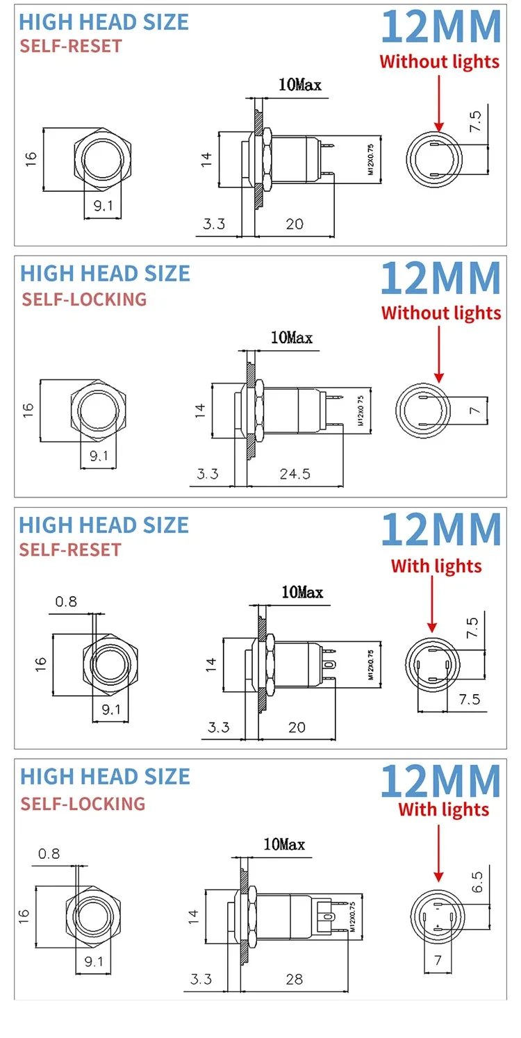 Description Picture 3 of item12/16/19/22mm Waterproof Metal Button High Flat head Switch LED Light Momentary Latching 12V 24V 220V Red Blue Green Yellow Whi