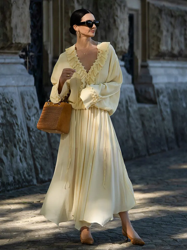 HH Women Elegant Yellow Ruffles Shirts Skirts Suits V Neck Lace-up Blouse Pleated Midi Skirt Summer Casual Maternity Outfit