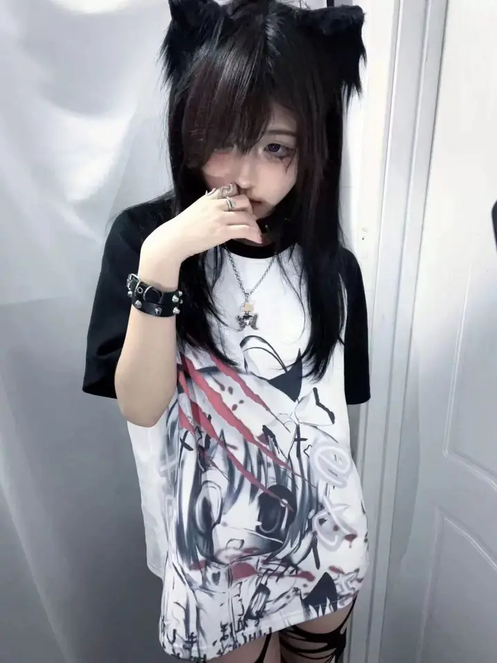 T-Shirt Donna Harajuku Style – Carina, Con Stampa Cartoon, Oversize, Manica Corta – Nero, Taglia M