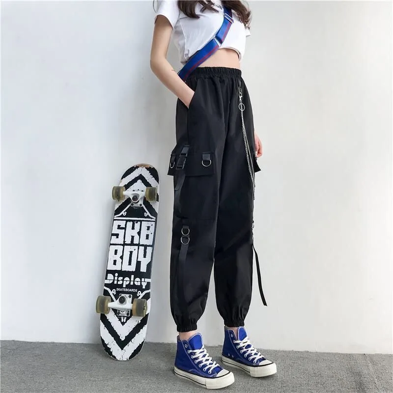 Women Harajuku Elastics High Waist Cargo Pants Dark Academia Fashion Pockets Punk Jogger Trousers with Chain Streetwear Goth Y2k