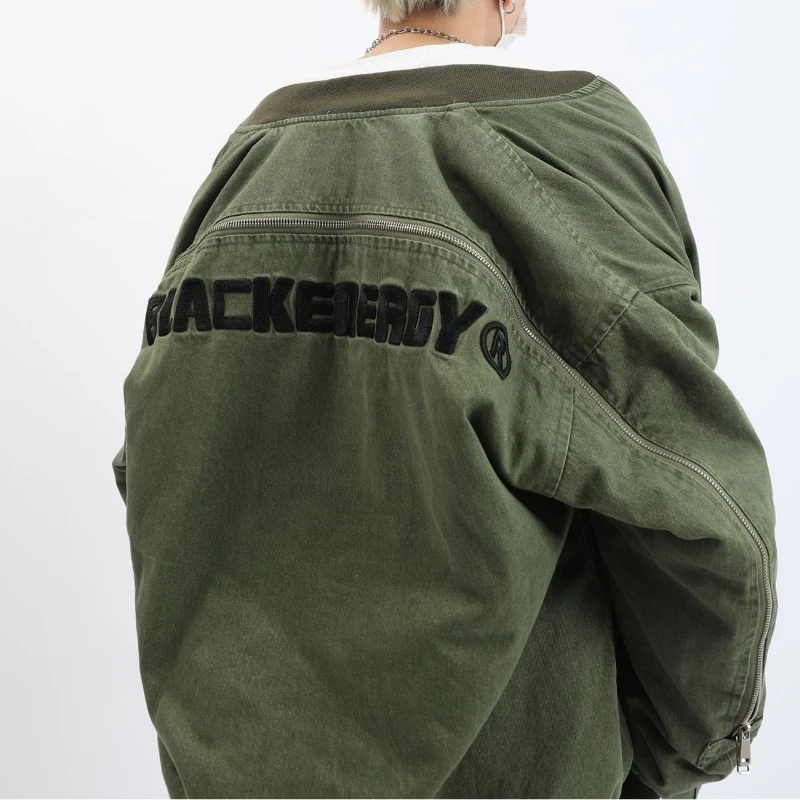 American Retro Washed Distressed Back Zipper Letters Embroidered Baseball Uniform Men and Women Loose Jacket Coat techwear