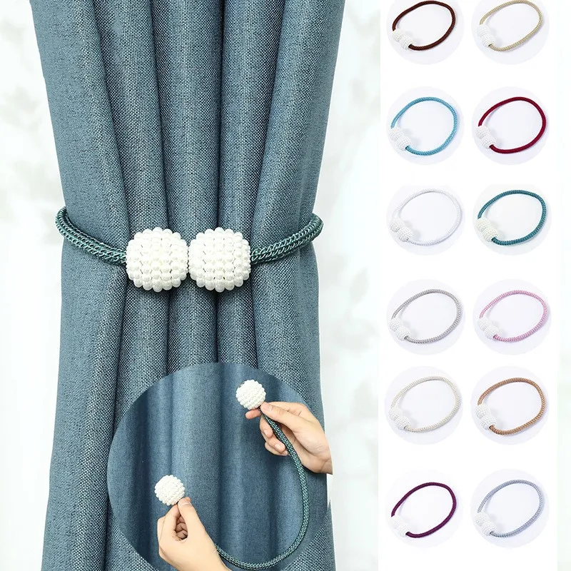 Description Picture 2 of itemMagnetic Curtain Tiebacks Pearl Ball Buckle Curtain Home Decor Curtain Weave Clips Rope Straps Holder Window Treatment Accessory
