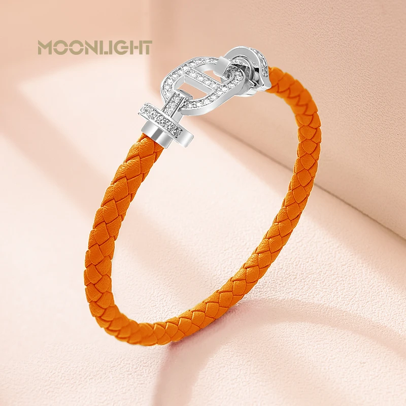 MOONLIGHT Fashion Classic Pig Nose Shape Leather Braided Bracelet for Women Cubic Zirconia Bracelet Hand-woven Jewelry Gifts - Image 4