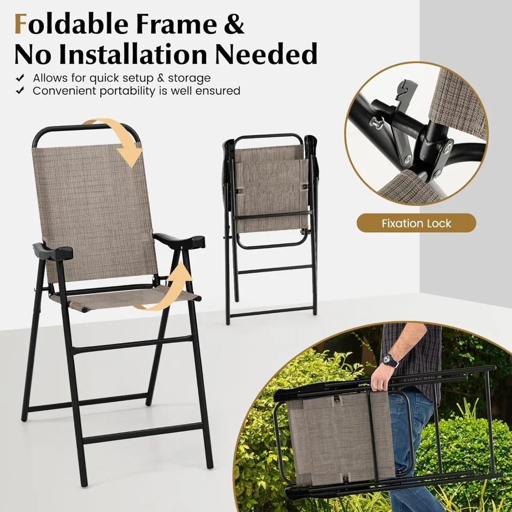 4 Pieces Patio Folding Bar Chairs, High Top Patio Bar Chair with Metal Frame & Footrest, Outdoor Bar Height Chairs for Balcony 3