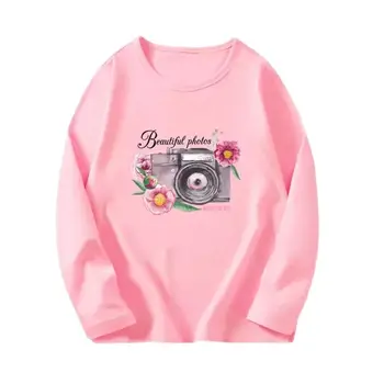 Girl Vintage Camera Flower T-Shirts Spring Big girl Long Sleeve Autumn T-Shirts Young Kids Tee Tops