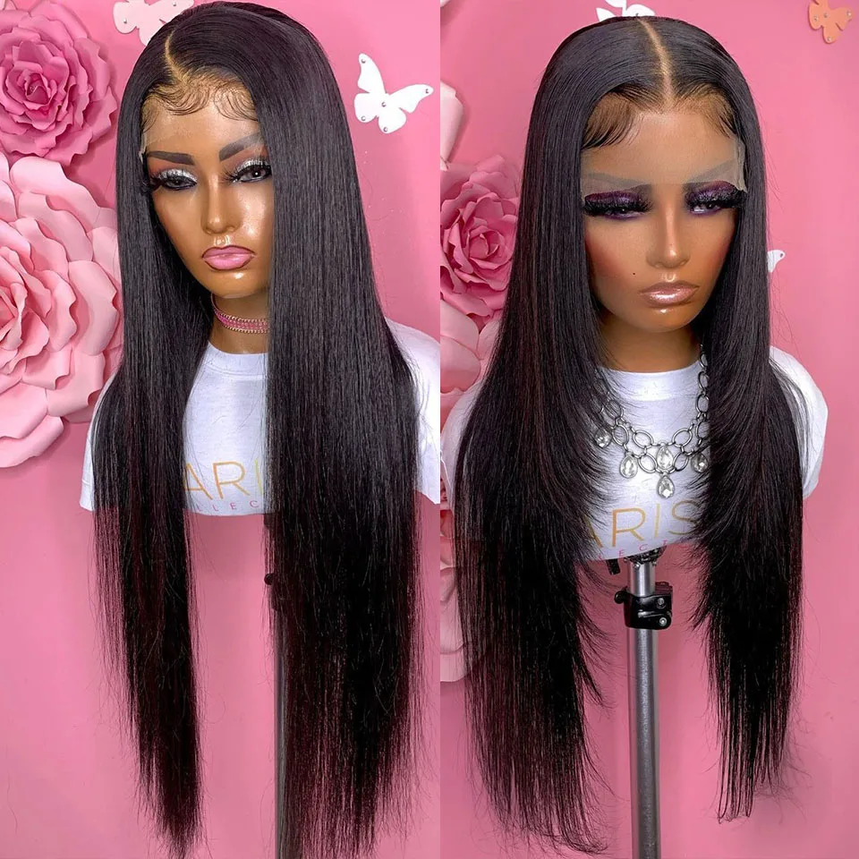 Free Part Long Straight Black Synthetic 4*4 Lace Front Silk Base Wig For Women With Baby hair Natural Hairline Heat Temperature