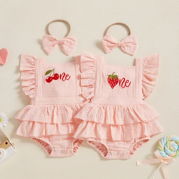 Summer Birthday Infant Baby Girl Outfits Ruffle Sleeveless Embroidery Bodysuit Headband Set Clothes