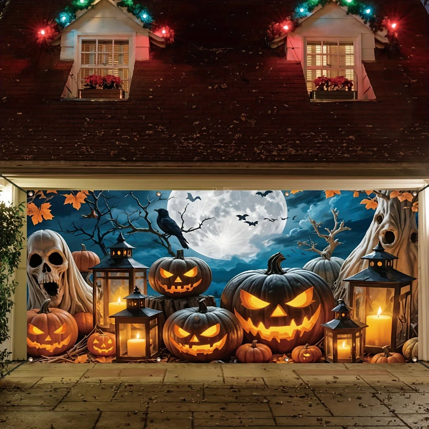 Ein seltsames Halloween-Garagen-Polyester-Banner – ein Totenkopf mit einer Kürbislaterne, perfekt zum Erstellen einer festlichen Atmosphäre – Detail 7