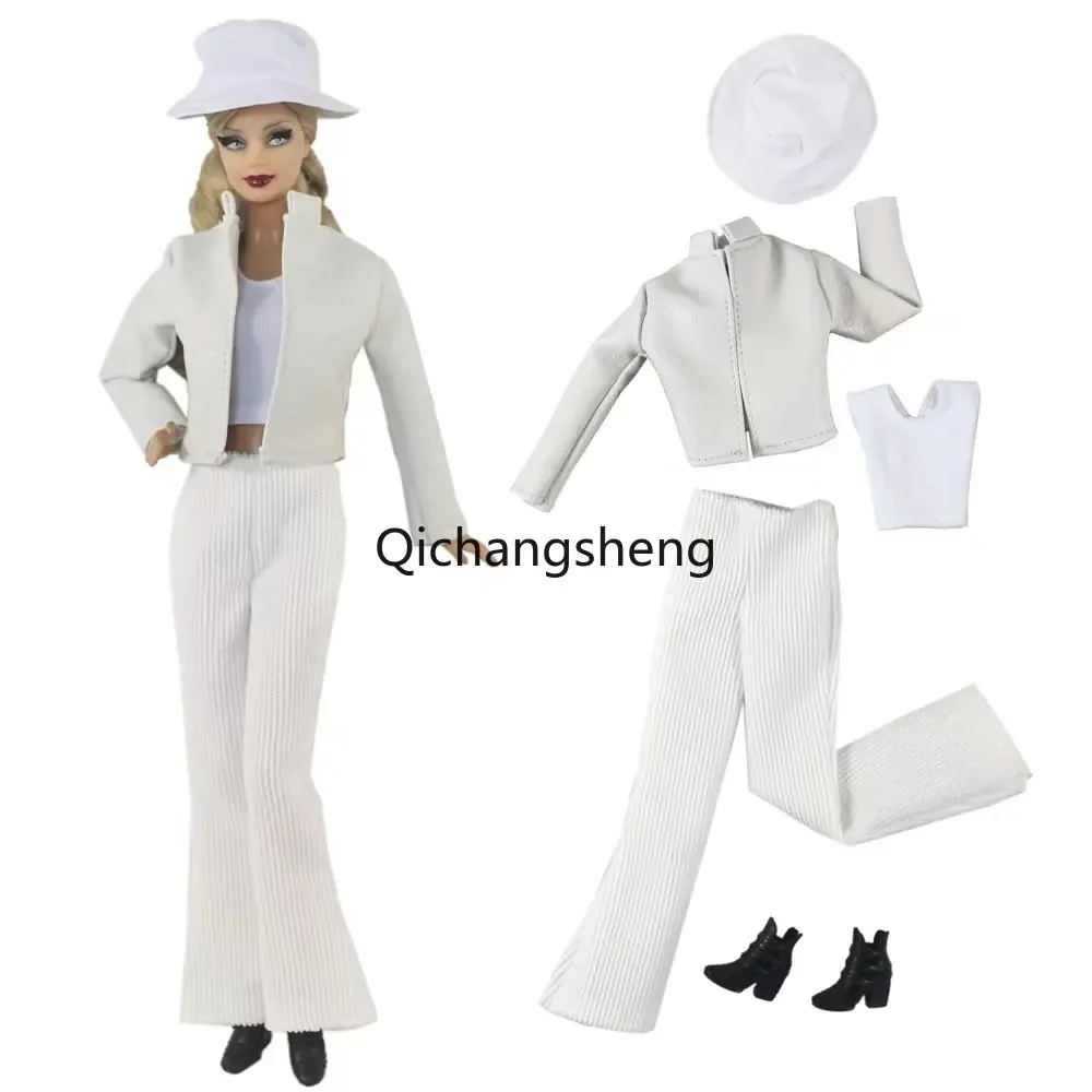 Fashion White Leather 1/6 BJD Doll Clothes Set For Barbie Outfits Coat Jacket Tank Top Pants Hat Shoes 11.5