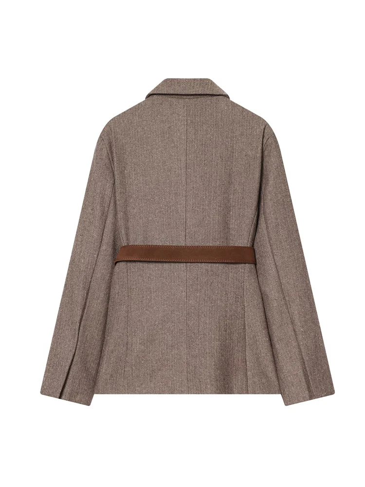 Women's Vintage Jacket Autumn And Winter New Temperament Top Female Blazer Fashion Turn Down Collar Pocket Belt Suit Coats