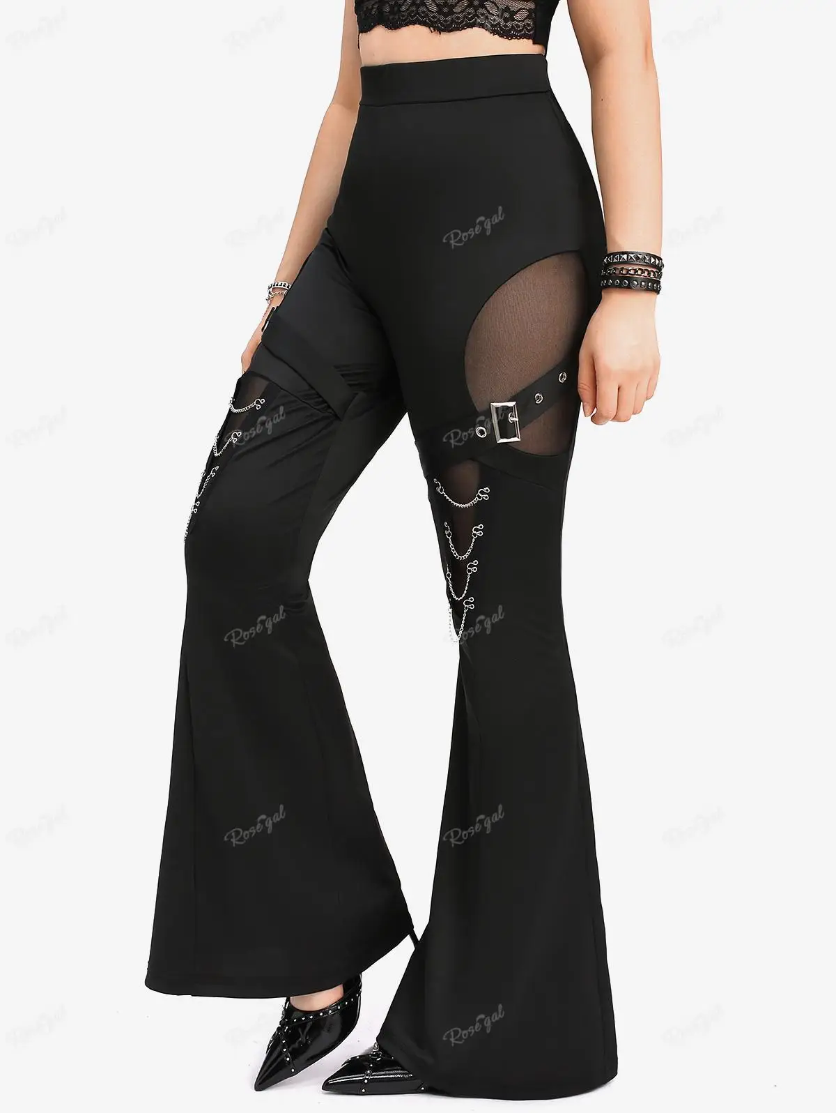 Black Buckle Grommet Low Rise Flare Pants Plus Size, Hot Topic