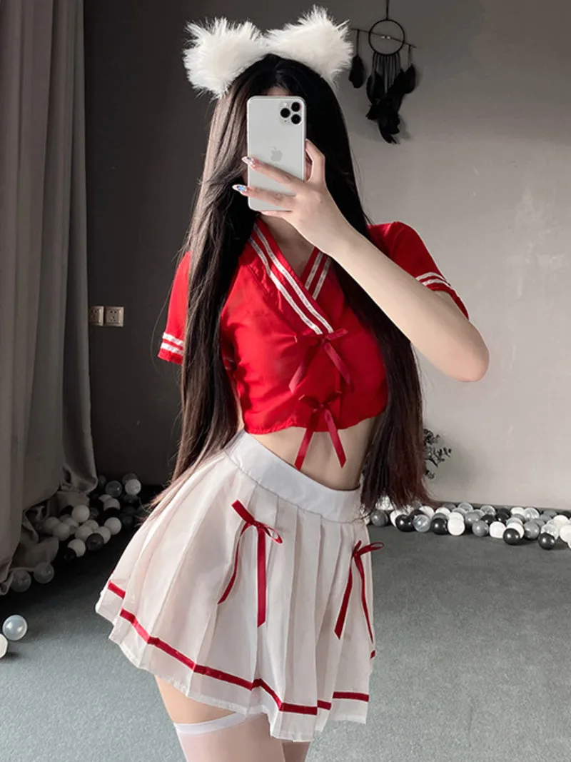 

Academy Style Uniform Skirt Set Small Chest Passion Bowknot Sweet Cute Style Sheer Waist Exposed Design Fold Thin Summer 7J8L