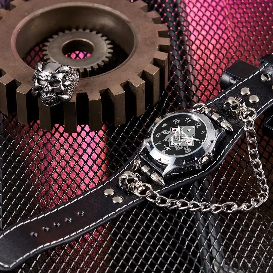 Anime Skull Round Pointer orologio al quarzo-Grunge Punk Gothic