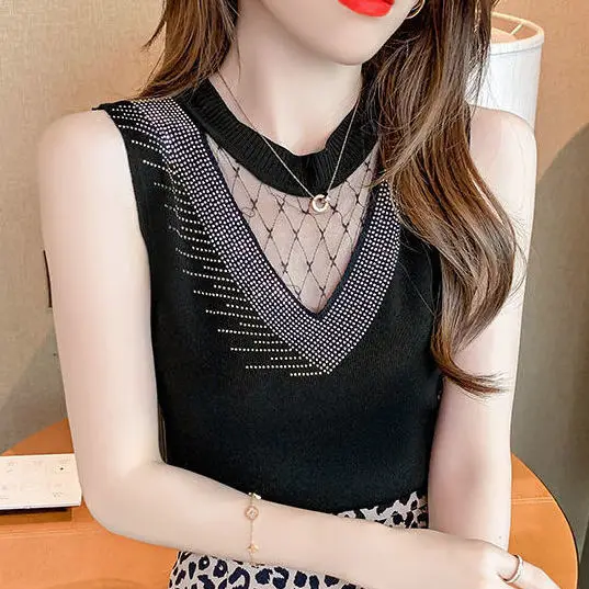 

Hollow Mesh Hot Drill Ice Silk Women Vest Fashionable Women 2022 Summer New Slim Knit Bottomed Top