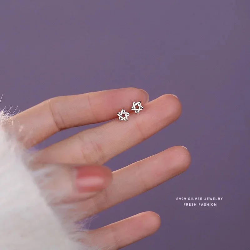100%925 Sterling Silver Needles Silver Color Simple Small Heart Star Stud Earrings for Women Hypoallergenic Daily Wear Ear Girls