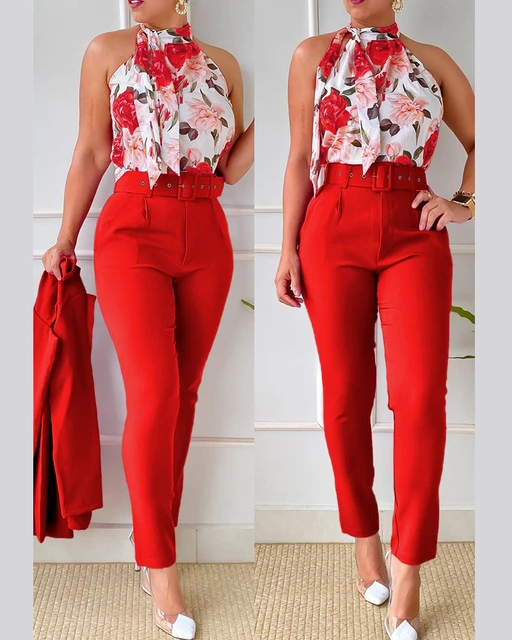 Summer 2 Piece Sets Woman Summer Chiffon lapel printing Blouses Tops and  Cotton and linen capri pants Woman Suit - AliExpress