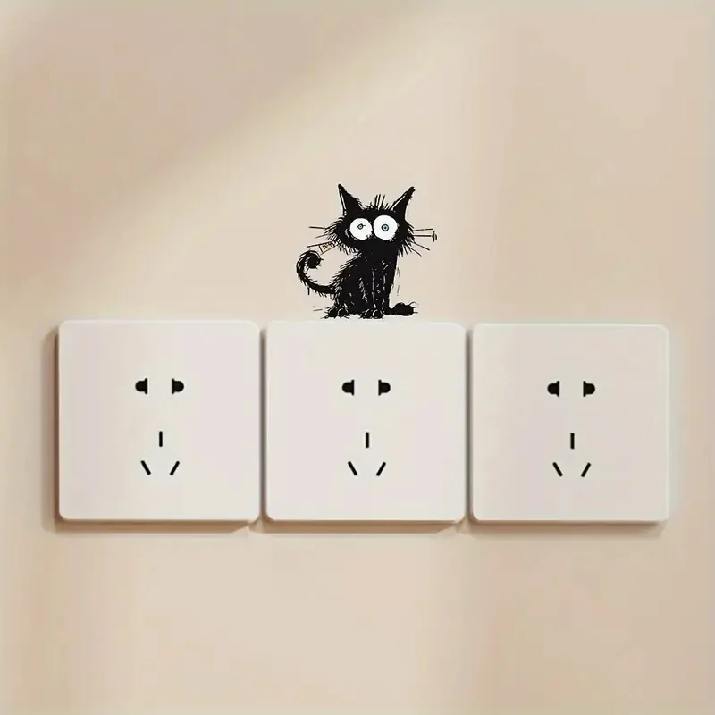 Contemporary Style Black Cat Wall Sticker, Animal Print Self-Adhesive Switch Decal for Living Room Bedroom