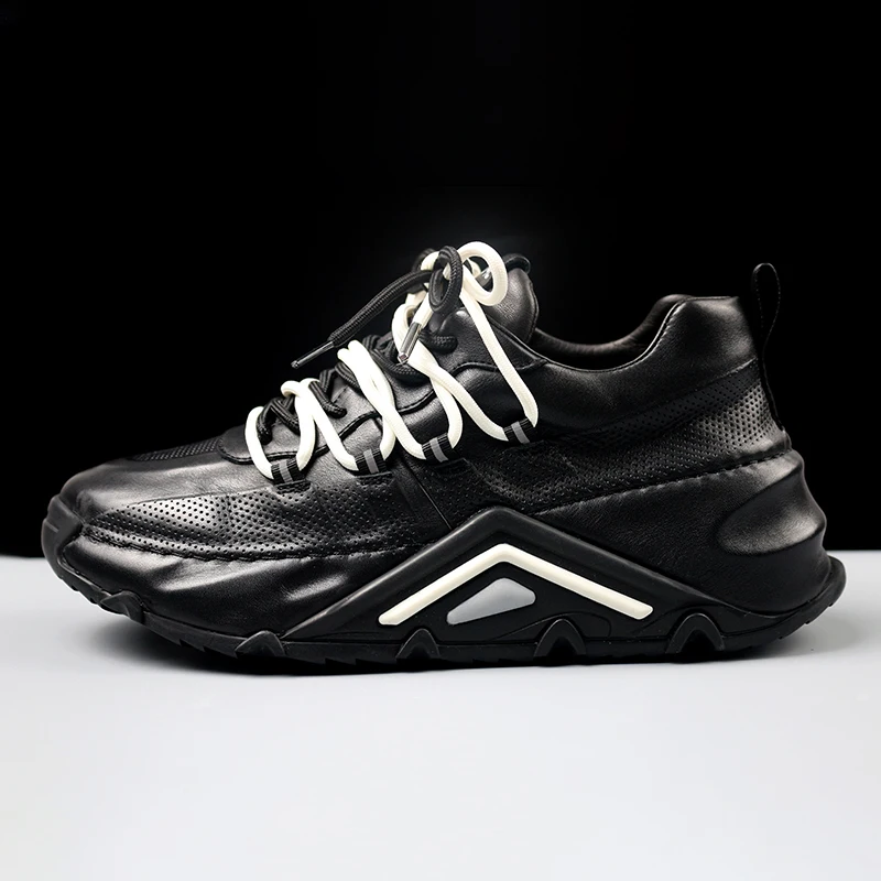

European High Street Style Heighten Daddy Shoes Thick Soled Genuine Leather Sewing Sneakers Ins Fashion Sports and Leisur Shoes