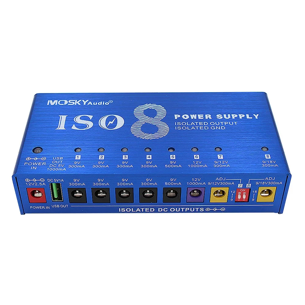 Mosky ISO-8 Guitar Effect Pedal Power Supply 8 Isolated DC Outputs/5V USB Output For 9V 12V 18V Guitar Pedal