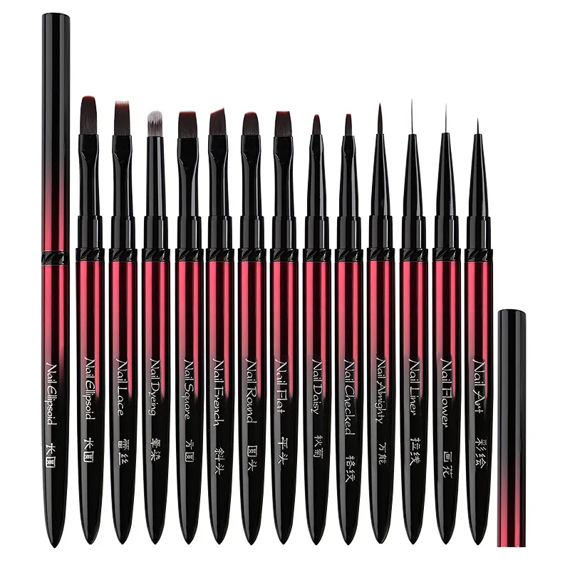 13Style Black Red Gradient Handle Nail Drawing Brushes For Manicure Lines Painting Gradient UV GEL Extension Builder Drawing Pen