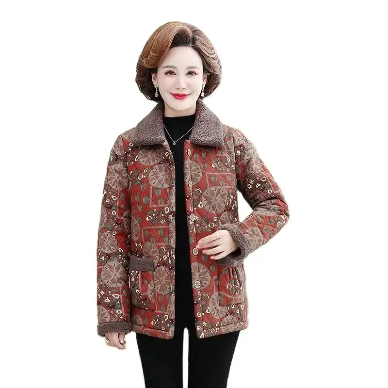 Одежда для мам на флисе с хлопковой подкладкой, женская зимняя одежда, теплая Модная Свободная куртка с цветочным принтом для женщин среднего и пожилого возраста и женщин