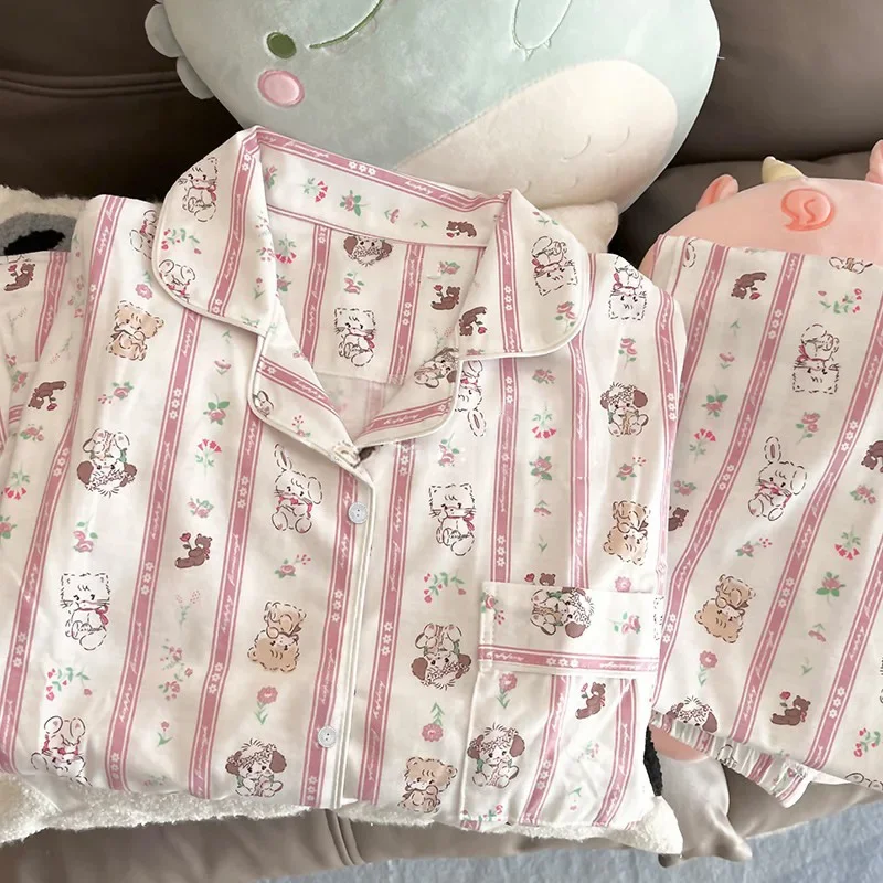 

Японская Милая мультяшная Милая пижама в полоску с котом, Женская весенне-летняя новая Корейская Домашняя одежда, атласный Шелковый Пижамный костюм