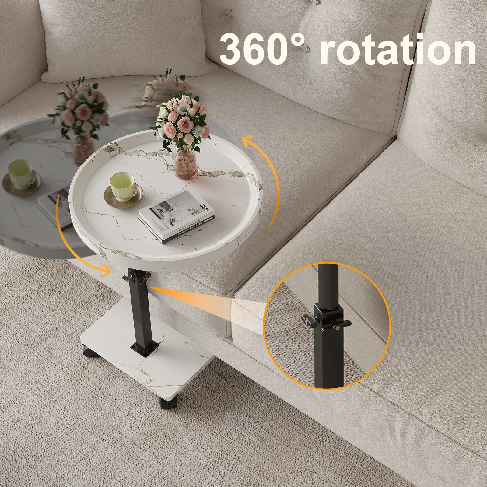 Runder Holz-Couchtisch für Wohnzimmer, Küche, Büro, Café mit 4 Rollen, höhenverstellbar, drehbar, bodenstehend – Detail 3