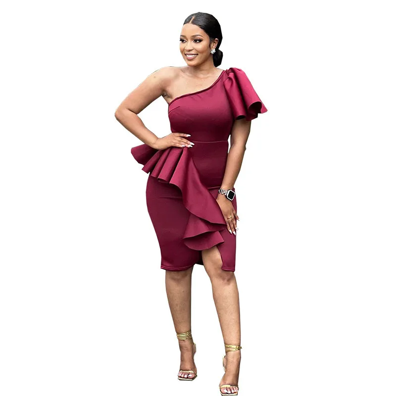 

African Dresses for Women Summer Elegant Green White African Women Short Sleeve Polyester Knee-length Dress African Party Dress