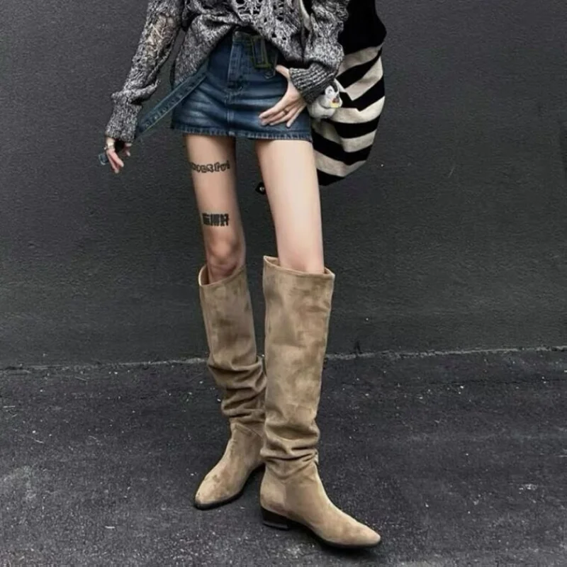 Botas 여성용 나이트 부츠, 두꺼운 힐, 허벅지 하이 부츠, 하이 배럴 스웨이드 스타일, 레트로 무릎 길이 패션, 가을, 겨울