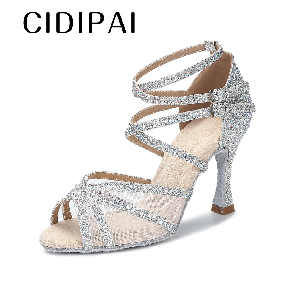 CIDIPAI Latin Dance Shoes Woman Silk Satin Dance Sandals   Ballroom Dance Shoes Soft Bottom Rhinestones Wedding Shoes Women