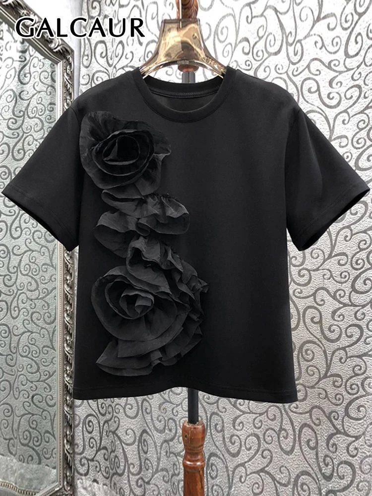 

GALCAUR Casual Minimalist T Shirts For Women Round Neck Short Sleeve Patchwork Appliques Summer Solid Loose T Shirt Female New