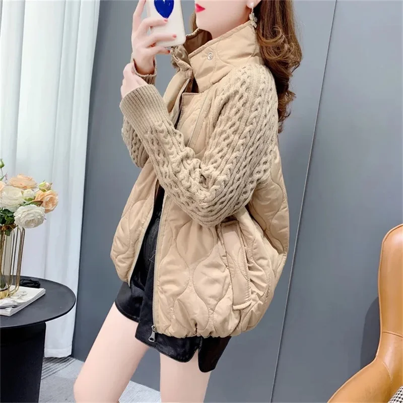 

Women's Standing Collar Patchwork Cotton Cardigan Female Autumn and Winter 2023 New Loose Design Cardigan Outcoat Top