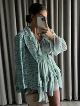 

Za Green Plaid Jacket Coat Woolen Tweed Spring Fashion Blazer Outwear 2022 Double Breasted Abrigo Mujer With Pockets Veste Femme