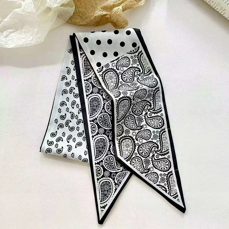 Gepunkteter Blumen-Seidenschal Langes Schmales Glänzendes Stirnband Damen Luxusmarke Taschenband Mode-Kopftücher Haarband – Detail 6